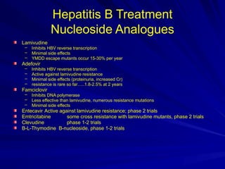 Hepatitis B Treatment
Nucleoside Analogues
Lamivudine
– Inhibits HBV reverse transcription
– Minimal side effects
– YMDD escape mutants occur 15-30% per year
Adefovir
– Inhibits HBV reverse transcription
– Active against lamivudine resistance
– Minimal side effects (proteinuria, increased Cr)
– resistance is rare so far…..1.8-2.5% at 2 years
Famciclovir
– Inhibits DNA polymerase
– Less effective than lamivudine, numerous resistance mutations
– Minimal side effects
Entecavir Active against lamivudine resistance; phase 2 trials
Emtricitabine some cross resistance with lamivudine mutants, phase 2 trials
Clevudine phase 1-2 trials
B-L-Thymodine B-nucleoside, phase 1-2 trials
 