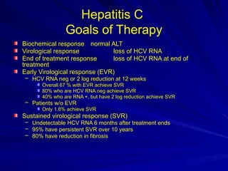 Hepatitis C
Goals of Therapy
Biochemical response normal ALT
Virological response loss of HCV RNA
End of treatment response loss of HCV RNA at end of
treatment
Early Virological response (EVR)
– HCV RNA neg or 2 log reduction at 12 weeks
Overall 67 % with EVR achieve SVR
80% who are HCV RNA neg achieve SVR
40% who are RNA +, but have 2 log reduction achieve SVR
– Patients w/o EVR
Only 1.6% achieve SVR
Sustained virological response (SVR)
– Undetectable HCV RNA 6 months after treatment ends
– 95% have persistent SVR over 10 years
– 80% have reduction in fibrosis
 