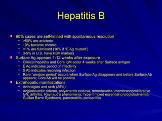 Hepatitis B
90% cases are self-limited with spontaneous resolution
– >50% are anicteric
– 10% become chronic
– <1% are fulminant (10% if “E Ag mutant”)
– 3-5% in U.S. have HBV markers
Surface Ag appears 1-12 weeks after exposure
– Clinical hepatitis and Core IgM occur 4 weeks after Surface antigen
– E Ag indicates period of infectivity
– S Ab indicates resolving infection
– Rare “window period” occurs when Surface Ag disappears and before Surface Ab
appears; Core Ab will be positive
Extrahepatic manifestations
– Arthralgias and rash (25%)
– Angioneurotic edema, polyarteritis nodosa, mononeuritis, membranoproliferative
GN, arthritis, Raynaud’s phenomena, Type II mixed essential cryroglobulinemia,
Guillan Barre Syndrome, pancreatitis, pericarditis
 