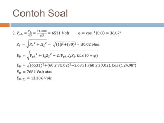 Contoh Soal
2. 𝑉𝑝ℎ =
𝑉𝐿
3
=
11.000
3
= 6531 𝑉𝑜𝑙𝑡 φ = cos−1
0,8 = 36,87°
𝑍𝑆 = 𝑅𝐴
2
+ 𝑋𝑆
2
= (1)2+(30)2= 30,02 𝑜ℎ𝑚
𝐸𝐵 = 𝑉𝑝ℎ
2
+ 𝐼𝐴𝑍𝑆
2
− 2. 𝑉𝑝ℎ. 𝐼𝐴𝑍𝑆. 𝐶𝑜𝑠 (0 + 𝜑)
𝐸𝐵 = (6531)2+(60 𝑥 30,02)2−2.6351. (60 𝑥 30,02). 𝐶𝑜𝑠 (124,98°)
𝐸𝐵 = 7682 Volt atau
𝐸𝐵(𝐿) = 13.306 𝑉𝑜𝑙𝑡
 