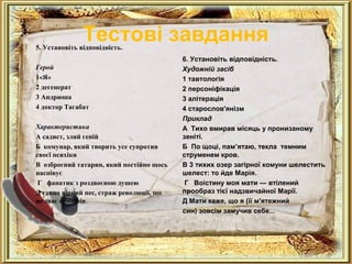 Тестові завдання 5. Установіть відповідність. 
Герой 
1«Я» 
2 дегенерат 
3 Андрюша 
4 доктор Тагабат 
Характеристика 
А садист, злий геній 
Б комунар, який творить усе супротив 
своєї психіки 
В озброєний татарин, який постійно щось 
наспівує 
Г фанатик з роздвоєною душею 
Д єдино вірний пес, страж революції, що 
не знає сумнівів 
6. Установіть відповідність. 
Художній засіб 
1 тавтологія 
2 персоніфікація 
3 алітерація 
4 старослов'янізм 
Приклад 
А Тихо вмирав місяць у пронизаному 
зеніті. 
Б По щоці, пам’ятаю, текла темним 
струменем кров. 
В 3 тихих озер загірної комуни шелестить 
шелест: то йде Марія. 
Г Воістину моя мати — втілений 
прообраз тієї надзвичайної Марії. 
Д Мати каже, що я (її м'ятежний 
син) зовсім замучив себе... 
 