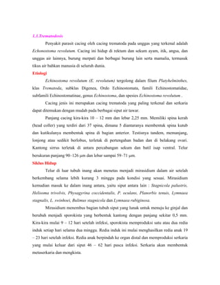 1.3.Trematodosis
Penyakit parasit cacing oleh cacing trematoda pada unggas yang terkenal adalah
Echonostoma revolutum. Cacing ini hidup di rektum dan sekum ayam, itik, angsa, dan
unggas air lainnya, burung merpati dan berbagai burung lain serta mamalia, termasuk
tikus air bahkan manusia di seluruh dunia.
Etiologi
Echinostoma revolutum (E. revolutum) tergolong dalam filum Platyhelminthes,
klas Trematoda, subklas Digenea, Ordo Echinostomata, famili Echinostomatidae,
subfamili Echinostomatinae, genus Echinostoma, dan spesies Echinostoma revolutum .
Cacing jenis ini merupakan cacing trematoda yang paling terkenal dan serkaria
dapat ditemukan dengan mudah pada berbagai siput air tawar.
Panjang cacing kira-kira 10 – 12 mm dan lebar 2,25 mm. Memiliki spina kerah
(head coller) yang terdiri dari 37 spina, dimana 5 diantaranya membentuk spina kutub
dan kutikulanya membentuk spina di bagian anterior. Testisnya tandem, memanjang,
lonjong atau sedikit berlobus, terletak di pertengahan badan dan di belakang ovari.
Kantong sirrus terletak di antara percabangan sekum dan batil isap ventral. Telur
berukuran panjang 90–126 µm dan lebar sampai 59–71 µm.
Siklus Hidup
Telur di luar tubuh inang akan menetas menjadi mirasidium dalam air setelah
berkembang selama lebih kurang 3 minggu pada kondisi yang sesuai. Mirasidium
kemudian masuk ke dalam inang antara, yaitu siput antara lain : Stagnicola palustris,
Helisoma trivolvis, Physagyrina coccidentalis, P. oculans, Planorbis tenuis, Lymnaea
stagnalis, L. swinhoei, Bulimus stagnicola dan Lymnaea rubiginosa.
Mirasidium menembus bagian tubuh siput yang lunak untuk menuju ke ginjal dan
berubah menjadi sporokista yang berbentuk kantong dengan panjang sekitar 0,5 mm.
Kira-kira mulai 9 – 12 hari setelah infeksi, sporokista memproduksi satu atau dua redia
induk setiap hari selama dua minggu. Redia induk ini mulai menghasilkan redia anak 19
– 23 hari setelah infeksi. Redia anak berpindah ke organ distal dan memproduksi serkaria
yang mulai keluar dari siput 46 – 62 hari pasca infeksi. Serkaria akan membentuk
metaserkaria dan mengkista.
 