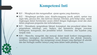 Kompetensi Inti
 KI1 : Menghayati dan mengamalkan ajaran agama yang dianutnya.
 KI2 : Menghargai perilaku jujur, disiplin,tanggung jawab, peduli, santun rasa
ingin tahu, percaya diri, dan motivasi internal, toleransi, pola hidup sehat, ramah
lingkungan dalam berinteraksi secara efektif dengan lingkungan sosial dan alam
dalam jangkauan pergaulan dan keberadaannya.
 KI3 : Memahami, pengetahuan faktual, konseptual, dan prosedural dalam ilmu
pengetahuan teknologi, seni, budaya, dan humaniora dengan wawasan
kebangsaan, kenegaraan, dan peradaban terkait fenomena dan kejadian yang
tampak mata
 KI4 : Mencoba, mengolah, dan menyaji dalam ranah konkret (menggunakan,
mengurai, merangkai, memodifikasi, dan membuat) dan abstrak (menulis,
membaca, menghitung, dan mengarang) sesuai dengan yang dipelajari di sekolah
dan dari berbagai sumber lainnya yang sama dalam sudut pandang/ teori.
.
 