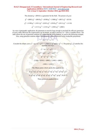 Dr.K.V.Durgaprasad, S.Vasundhara / International Journal of Engineering Research and
                Applications (IJERA) ISSN: 2248-9622 www.ijera.com
                 Vol. 2, Issue 5, September- October 2012, pp.1810-1816

                   The element g = (0010) is a generator for the field . The powers of g are:

                    g0 = (0001) g1 = (0010) g2 = (0100) g3 = (1000) g4 = (0011) g5 = (0110)

                   g6 = (1100) g7 = (1011) g8 = (0101) g9 = (1010) g10 = (0111) g11 = (1110)

                              g12 = (1111) g13 = (1101) g14 = (1001) g15 = (0001)

In a true cryptographic application, the parameter m must be large enough to preclude the efficient generation
of such a table otherwise the cryptosystem can be broken. In today's practice, m = 160 is a suitable choice. The
table allows the use of generator notation (ge) rather than bit string notation, as used in the following example.
      Also, using generator notation allows multiplication without reference to the irreducible polynomial

                                                  f(x) = x4 + x + 1.

 Consider the elliptic curve y2 + xy = x3 + g4x2 + 1. Here a = g4 and b = g0 =1. The point (g5, g3) satisfies this
                                              equation over F2m :

                                               y2 + xy = x3 + g4x2 + 1

                                          (g3)2 + g5g3 = (g5)3 + g4g10 + 1

                                               g6 + g8 = g15 + g14 + 1

                                  (1100) + (0101) = (0001) + (1001) + (0001)

                                                   (1001) = (1001)

                               The fifteen points which satisfy this equation are:

                          (1, g13) (g3, g13) (g5, g11) (g6, g14) (g9, g13) (g10, g8) (g12, g12)

                          (1, g6) (g3, g8) (g5, g3) (g6, g8) (g9, g10) (g10, g) (g12, 0) (0, 1)

                                         These points are graphed below:




                                                                                                   1814 | P a g e
 