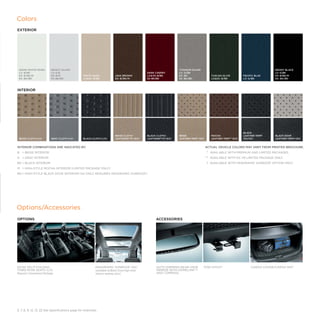 Colors
EXTERIOR

SNOW WHITE PEARL
LX: B/BK
EX: B/BK/M
SX: BK/BD

BRIGHT SILVER
LX: G/B
EX: B/M
SX: BK/BD

WHITE SAND
LX  EX: B/BK

JAVA BROWN
EX: B/BK/M

DARK CHERRY
LX  EX: B/BK
SX: BK/BD

TITANIUM SILVER
LX : G/BK
EX: BK
SX: BK/BD

TUSCAN OLIVE
LX  EX: B/BK

PACIFIC BLUE
LX: G/BK

EBONY BLACK
LX: G/BK
EX: B/BK/M
SX: BK/BD

GRAY CLOTH (LX)

BLACK CLOTH (LX)

BEIGE CLOTH/
LEATHERETTE (EX)

BLACK CLOTH/
LEATHERETTE (EX)

BEIGE
LEATHER TRIM† (EX)

MOCHA
LEATHER TRIM†† (EX)

BLACK
LEATHER TRIM†
(EX/SX)

BLACK DOVE
LEATHER TRIM‡ (SX)

INTERIOR

BEIGE CLOTH (LX)

INTERIOR COMBINATIONS ARE INDICATED BY:

A
	 CTUAL VEHICLE COLORS MAY VARY FROM PRINTED BROCHURE.

B
	 	 = BEIGE INTERIOR 

	 †	 AVAILABLE WITH PREMIUM AND LIMITED PACKAGES.

G
	 	 = GRAY INTERIOR

	 †	 AVAILABLE WITH EX V6 LIMITED PACKAGE ONLY.
†

B
	 K	= BLACK INTERIOR

	 ‡	 AVAILABLE WITH PANORAMIC SUNROOF OPTION ONLY.

M
	 	 = HIGH-STYLE MOCHA INTERIOR (LIMITED PACKAGE ONLY)
BD	= HIGH-STYLE BLACK DOVE INTERIOR (SX ONLY, REQUIRES PANORAMIC SUNROOF)

Options/Accessories
OPTIONS

50/50 SPLIT-FOLDING
THIRD-ROW SEATS (LX)
Requires Convenience Package.

ACCESSORIES

PANORAMIC SUNROOF (SX)
(available w/Black Dove high-style
interior seating color)

3, 7, 8, 9, 12, 13, 22  ee Specifications page for endnotes.
S

AUTO-DIMMING REAR-VIEW
MIRROR WITH HOMELINK® 22
AND COMPASS

TOW HITCH13

CARGO COVER/CARGO MAT

 