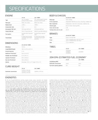 SPECIFICATIOnS
EnGInE
2014 EPA-ESTIMATED FUEL ECOnOMY15
2.4l i4/2.0l turBo
Wheelbase 110.0 in.
length/Width/Height 190.7 in./72.0 in./57.1 in.
Ground clearance 5.1 in.
Headroom (front/rear) 40.0 in./37.6 in.
Shoulder room (front/rear) 57.3 in./55.7 in.
legroom (front/rear) 45.5 in./34.6 in.
Hip room (front/rear) 54.6 in./54.5 in.
Volume Passenger: 102.2 cu. ft. Cargo: 15.4 cu. ft.
DIMEnSIOnS
2.4l i4/2.0l turBo
Body type Steel unibody
Front suspension Independent, MacPherson struts, coil springs, stabilizer bar
rear suspension Independent, multi-link, coil springs, stabilizer bar
Steering type Electric Power Steering (EPS)
turns, lock-to-lock 2.94
turning circle, curb-to-curb 35.8 ft.
1. The Kia 10-year/100,000-mile warranty program includes various warranties and roadside
assistance. Warranties include powertrain and the new Vehicle Limited Warranty (Basic). All warranties
and roadside assistance are limited. See retailer for details or go to kia.com. 2. The Bluetooth®
word
mark and logos are registered trademarks owned by Bluetooth SIG, Inc. and any use of such marks
by Kia is under license. Other trademarks and trade names are those of their respective owners. A
compatible Bluetooth®
enabled cell phone is required to use Bluetooth®
wireless technology. 3. All
SiriusxM services require a subscription, sold separately, after 3-month trial included with vehicle
purchase. if you decide to continue your siriusXM service at the end of your trial subscription, the
plan you choose will automatically renew and bill at then-current rates until you call siriusXM at
1-866-635-2349 to cancel. see our customer agreement for complete terms at www.siriusxm.com.
Programming subject to change. Sirius satellite service is available only to those at least 18 and older in
the 48 contiguous USA, D.C., and Pr (with coverage limitations). Traffic information not available in all
markets. See siriusxm.com/traffic for details. Sirius, xM and all related marks and logos are trademarks
of Sirius xM radio Inc. Certain channels not available on SiriusxM Internet radio or on mobile devices.
4. Infinity®
is a trademark of Harman International Industries, Inc. 5. The rear-Camera Display and
Back-Up Warning System are not substitutes for proper and safe backing-up procedures. Always drive
safely and use caution when backing up. The rear-Camera Display and Back-Up Warning System may
not detect every object behind the vehicle. 6. Warning: Driving while distracted can result in a loss
of vehicle control that may lead to an accident, severe personal injury and death. The driver’s primary
responsibility is in the safe and legal operation of a vehicle, and use of any handheld devices, other
equipment or vehicle systems which take the driver’s eyes, attention and focus away from the safe
operation of a vehicle or which are not permissible by law should never be used during operation of
the vehicle. Actual product may vary in appearance from photographs. See retailer for details. 7. no
subscription fee for UVO eServices. no charge for the UVO eServices app. App uses your smartphone
cellular data service. normal cellular service rates will apply. 8. Apple iPhone®
and select Android™
devices only are UVO eServices compatible. iPhone®
is a registered trademark of Apple Inc. Android™ is
a registered trademark of Google Inc. 9. 24-hour roadside Assistance is a service plan provided by
Kia Motors America, Inc. Certain limitations apply. Coverage details are available in the Kia Warranty
and Consumer Information Manual. To use the Enhanced roadside Assistance feature, a mobile phone
connected via Bluetooth®
wireless technology within the cellular service coverage area is required.
10. Feature activates after an airbag deployment. Feature requires a mobile phone connected via
Bluetooth®
wireless technology. Dependent on cellular service coverage area. 11. Vehicle Diagnostics
feature does not take the place of regularly scheduled maintenance. Feature checks powertrain, chassis,
andairbagsystemsonly.Forfactory-recommendedmaintenanceschedule,seetheMaintenanceFeature
of UVO eServices or the Owner’s Manual. 12. Apple, the Apple logo, and iPhone are trademarks of Apple
Inc., registered in the U.S. and other countries. App Store is a service mark of Apple Inc. 13. Google
Play is a trademark of Google Inc. 14. HD radio™ and the HD radio logo are proprietary trademarks of
iBiquity Digital Corporation. 15. refer to specifications above for 2014 EPA fuel economy estimates.
Actual mileage will vary with options, driving conditions, driving habits and your vehicle’s condition.
16. The Blind-Spot Detection and rear Cross-Traffic Alert Systems are not substitutes for proper
and safe driving. Always drive safely and use caution. These systems may not detect every object
in the vehicle’s blind spot or direction of travel. 17. Government 5-Star Safety ratings are part
of the national Highway Traffic Safety Administration’s (nHTSA’s) new Car Assessment Program
(www.safercar.gov). 18. For maximum protection, always wear your seat belt. 19. Kia Motors received
the best Total Cost of Ownership for overall brand for 2012 according to Kelley Blue Book’s kbb.com. 2012
model-year vehicle’s projected ownership costs are based on the average Kelley Blue Book Total Cost
of Ownership data for the initial 5-year ownership period. For more information, visit www.kbb.com.
20. Interbrand’s Best Global Brands 2012 report is a look at financial performance of the brand, role of
brand in the purchase decision process and the brand strength. Go to www.bestglobalbrands.com for
more information. 21. nBA Identifications are the intellectual properties of nBA Properties, Inc. ©2013
nBA Properties, Inc. All rights reserved. 22. All materials and intellectual property related to the LPGA
are owned by the LPGA, and any unauthorized use is strictly prohibited without the LPGA’s expressed
prior written consent. 23. HomeLink®
is a registered trademark of Johnson Controls, Inc. 24. Even
with the Tire-Pressure Monitoring System, always check your tire pressure on a regular basis.
EnDnOTES
2.4l i4 2.0l turBo
Automatic transmission
3,237 lbs. (16" tire)
3,272 lbs. (17" tire)
3,327 lbs. (18" tire)
3,468 lbs. (18" tire)
CUrB WEIGHT
BrAKES
TIrES
2.4l i4 2.0l turBo
City/Highway MPG
Automatic transmission 23/34 20/31
Fuel tank capacity (gallons) 18.5 18.5
2.4l i4/2.0l turBo
type Power-assisted ABS
Front
11.8 in. ventilated discs (16" & 17" tires)
12.6 in. ventilated discs (18" tires)
rear 11.2 in. solid discs
2.4l i4 2.0l turBo
Size
205/65r16
215/55r17
225/45r18
225/45r18
BODY & CHASSIS
 