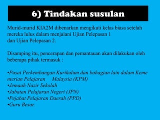 6) Tindakan susulan
Murid-murid KIA2M dibenarkan mengikuti kelas biasa setelah
mereka lulus dalam menjalani Ujian Pelepasan 1
dan Ujian Pelepasan 2.

Disamping itu, pencerapan dan pemantauan akan dilakukan oleh
beberapa pihak termasuk :

•Pusat Perkembangan Kurikulum dan bahagian lain dalam Keme
nterian Pelajaran Malaysia (KPM)
•Jemaah Nazir Sekolah
•Jabatan Pelajaran Negeri (JPN)
•Pejabat Pelajaran Daerah (PPD)
•Guru Besar.
 