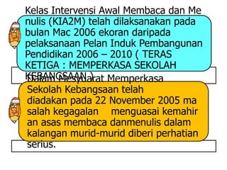 Kelas Intervensi Awal Membaca dan Me
nulis (KIA2M) telah dilaksanakan pada
bulan Mac 2006 ekoran daripada
pelaksanaan Pelan Induk Pembangunan
Pendidikan 2006 – 2010 ( TERAS
KETIGA : MEMPERKASA SEKOLAH
KEBANGSAAN ) Memperkasa
Dalam Mesyuarat
Sekolah Kebangsaan telah
diadakan pada 22 November 2005 ma
salah kegagalan menguasai kemahir
an asas membaca danmenulis dalam
kalangan murid-murid diberi perhatian
serius.
 