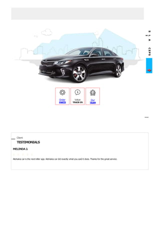 Order
PARTS
Value
TRADE-IN
Our
TEAM
CEPSSLA
I
Client
TESTIMONIALS
MELINDA J.
Alohakia car is the next killer app. Alohakia car did exactly what you said it does. Thanks for the great service.
 