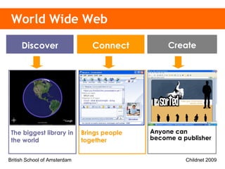 World Wide Web Search engines  Homework Projects Personal interest Amazing facts The biggest library in the world Blogs (web log) Vlogs (video log) Web sites Text  & pictures Music/photo/video Anyone can become a publisher Email/chat VoIP - Skype  Instant Messenger Multi-user games Social networks Brings people together Connect Create Discover 