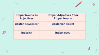 Proper Nouns as
Adjectives
Proper Adjectives from
Proper Nouns
Boston newspaper Bostonian dialect
India ink Indian curry
 