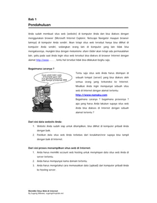 Bab 1
Pendahuluan

Anda sudah membuat situs web (website) di komputer Anda dan bisa diakses dengan
menggunakan browser (Microsoft Internet Explorer, Netscape Navigator maupun browser
lainnya) di komputer Anda sendiri. Akan tetapi situs web tersebut hanya bisa dilihat di
komputer Anda sendiri, sedangkan orang lain di komputer yang lain tidak bisa
mengaksesnya, mungkin bisa dengan mekanisme share folder akan tetapi ada permasalahan
lain, yaitu pada saat Anda ingin situs web tersebut bisa diakses di browser Internet dengan
alamat http://www…….. , tentu hal tersebut tidak bisa dilakukan begitu saja.


Bagaimana caranya ?
                                           Tentu saja situs web Anda harus disimpan di
                                           sebuah tempat (server) yang bisa diakses oleh
                                           semua orang yang terkoneksi ke Internet.
                                           Misalkan Anda ingin mempunyai sebuah situs
                                           web di Internet dengan alamat tertentu:
                                           http://www.namaku.com
                                           Bagaimana caranya ? bagaimana prosesnya ?
                                           apa yang harus Anda lakukan supaya situs web
                                           Anda bisa diakses di Internet dengan sebuah
                                           alamat tertentu ?


Dari sisi data website Anda:
    1. Website Anda sudah siap untuk ditampilkan, bisa dilihat di komputer pribadi Anda
        dengan baik.
    2. Pastikan data situs web Anda terbebas dari kesalahan/eror supaya bisa tampil
        dengan baik di Internet.


Dari sisi proses menampilkan situs web di Internet:
    1. Anda harus memiliki account web hosting untuk menyimpan data situs web Anda di
        server tertentu.
    2. Anda harus mempunyai nama domain tertentu.
    3. Anda harus mengetahui cara memasukkan data (upload) dari komputer pribadi Anda
        ke hosting server.




Memiliki Situs Web di Internet
By Sugeng Wibowo, sugeng@myindo.net
 