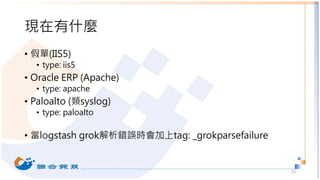 現在有什麼
• 假單(IIS5)
• type: iis5
• Oracle ERP (Apache)
• type: apache
• Paloalto (類syslog)
• type: paloalto
• 當logstash grok解析錯誤時會加上tag: _grokparsefailure
10
 