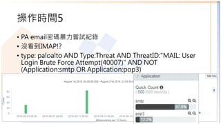 操作時間5
• PA email密碼暴力嘗試紀錄
• 沒看到IMAP!?
• type: paloalto AND Type:Threat AND ThreatID:"MAIL: User
Login Brute Force Attempt(40007)" AND NOT
(Application:smtp OR Application:pop3)
25
 