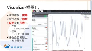 Visualize-視覺化
• 建立視覺化搜尋
• 選定視覺化類型
• 設定呈現內容
• Y軸
• 加總, 計算, 統計
• X軸
• 分線, 分圖, 堆疊
• 站在自己肩膀上
• 儲存再利用
28
 