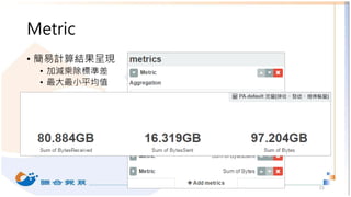 Metric
• 簡易計算結果呈現
• 加減乘除標準差
• 最大最小平均值
33
 