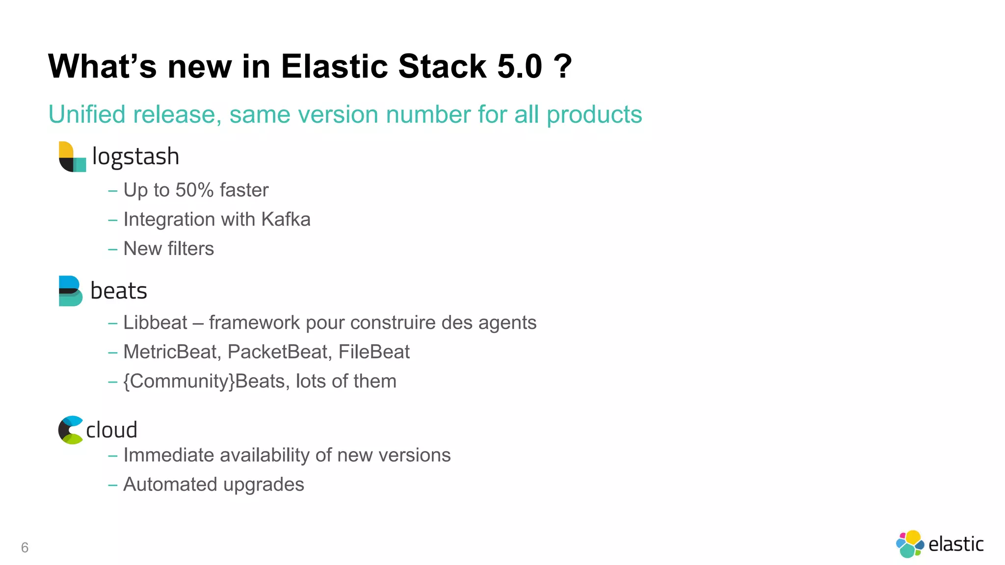 6
What’s new in Elastic Stack 5.0 ?
• 
‒ Up to 50% faster
‒ Integration with Kafka
‒ New filters
• 
‒ Libbeat – framework pour construire des agents
‒ MetricBeat, PacketBeat, FileBeat
‒ {Community}Beats, lots of them
‒ Immediate availability of new versions
‒ Automated upgrades
Unified release, same version number for all products
 