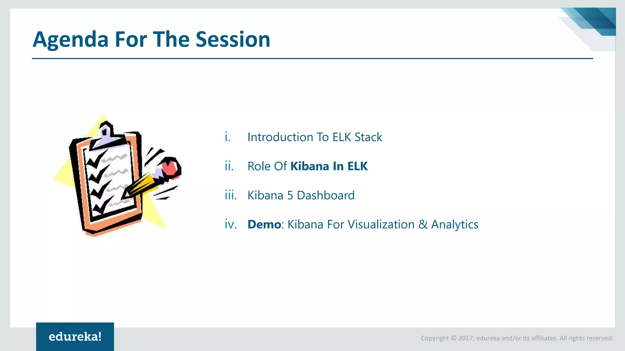 Copyright © 2017, edureka and/or its affiliates. All rights reserved. Agenda For The Session i. Introduction To ELK Stack ii. Role Of Kibana In ELK iii. Kibana 5 Dashboard iv. Demo: Kibana For Visualization & Analytics 
