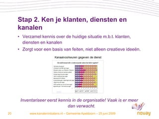 Stap 2. Ken je klanten, diensten en
     kanalen
     • Verzamel kennis over de huidige situatie m.b.t. klanten,
       diensten en kanalen
     • Zorgt voor een basis van feiten, niet alleen creatieve ideeën.




      Inventariseer eerst kennis in de organisatie! Vaak is er meer
                              dan verwacht.
20         www.kanaleninbalans.nl – Gemeente Apeldoorn – 25 juni 2009
 