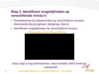 Stap 3. Identificeer mogelijkheden op
     verschillende niveau’s
     • Kanaalsturing kan plaatsvinden op verscheidene niveaus;
       dienstverlening als geheel, doelgroep, dienst.
     • Identificeer mogelijkheden op verscheidene niveaus
                    Afsprakenservice filmpjeTilburg




     Deze stap is nog brainstormen: wees creatief, denk breed en
                               onbeperkt!
21        www.kanaleninbalans.nl – Gemeente Apeldoorn – 25 juni 2009
 