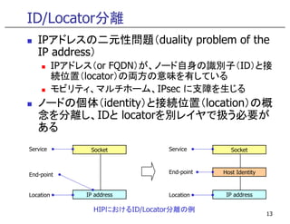 ID/Locator分離
   IPアドレスの二元性問題（duality problem of the
   IP address）
           IPアドレス（or FQDN）が、ノード自身の識別子（ID）と接
           続位置（locator）の両方の意味を有している
           モビリティ、マルチホーム、IPsec に支障を生じる
             ビ          ホ ム      支障を生じる
   ノードの個体（identity）と接続位置（location）の概
   念を分離し、IDと locatorを別レイヤで扱う必要が
   念を分離し IDと l    t を別レイヤで扱う必要が
   ある
Service          Socket          Service        Socket



End-point                        End-point   Host Identity



Location
L   ti          IP address
                    dd           Location
                                 L   ti       IP address
                                                  dd

                  HIPにおけるID/Locator分離の例
                                                             13
 
