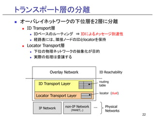 トランスポート層の分離
オーバレイネットワークの下位層を2層に分離
 ID Transport層
    IDベースのルーティング ⇒ IDによるメッセージ到達性
    経路表には、隣接ノードのIDとlocatorを保持
 Locator Transport層
    下位の物理ネットワークの抽象化が目的
    実際の処理は委譲する


            Overlay Network                   ID Reachability

                                              routing
      ID Transport Layer                      table

                                              locator (dual)
     Locator Transport Layer


      IP Network      non-IP Network    ...       Physical
                           (MANET,..)             Networks
                                                                22
 