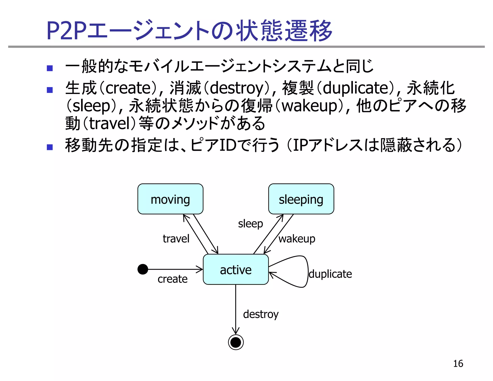 P2Pエージェントの状態遷移
一般的なモバイルエージェントシステムと同じ
生成（create）, 消滅（destroy）, 複製（duplicate）, 永続化
（sleep）, 永続状態からの復帰（wakeup）, 他のピアへの移
          続 態                        ピ
動（travel）等のメソッドがある
移動先の指定は、ピアIDで行う
移動先の指定は ピアIDで行う （IPアドレスは隠蔽される）


         moving                   sleeping
                       sleep
           travel              wakeup

                    active             duplicate
          create


                        destroy



                                                   16
 