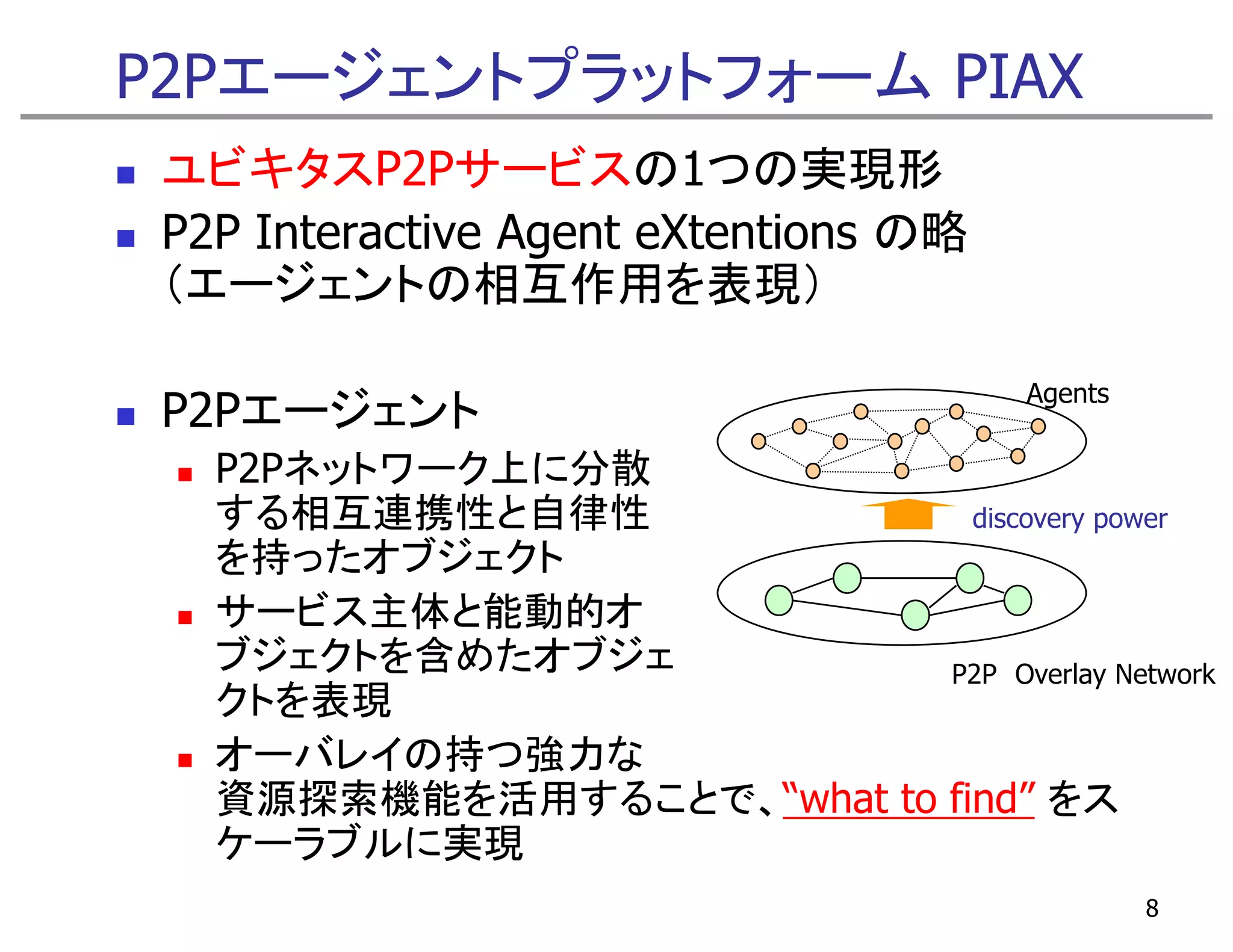 P2Pエージェントプラットフォーム PIAX
 ユビキタスP2Pサービスの1つの実現形
 P2P Interactive Agent eXtentions の略
 （エージェントの相互作用を表現）

                                       Agents
 P2Pエージェント
   P2Pネットワ ク上に分散
   P2Pネットワーク上に分散
   する相互連携性と自律性               discovery power
   を持ったオブジェクト
   サービス主体と能動的オ
      ビ
   ブジェクトを含めたオブジェ           P2P Overlay Network
   クトを表現
   オーバレイの持つ強力な
   資源探索機能を活用することで、“what to find” をス
   ケーラブルに実現
                                                8
 