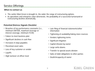 Service Offerings
When to contact us

  The earlier Kibel Green is brought in, the wider the range of restructuring optio...