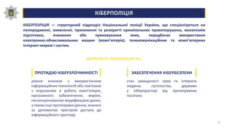 КІБЕРПОЛІЦІЯ0,00,20,40,60,81,0
КІБЕРПОЛІЦІЯ — структурний підрозділ Національної поліції України, що спеціалізується на
попередженні, виявленні, припиненні та розкритті кримінальних правопорушень, механізмів
підготовки, вчинення або приховування яких, передбачає використання
електронно-обчислювальних машин (комп’ютерів), телекомунікаційних та комп’ютерних
інтернет-мереж і систем.
ДІЯЛЬНІСТЬ НАПРАВЛЕНА НА:
діяння вчинене з використанням
інформаційних технологій або пов'язане
з втручанням в роботу комп'ютерів,
програмного забезпечення, мереж,
несанкціонованою модифікацією даних,
а також інші протиправні діяння, вчинені
за допомогою пристроїв доступу до
інформаційного простору
ПРОТИДІЮ КІБЕРЗЛОЧИННОСТІ
стан захищеності прав та інтересів
людини, суспільства, держави
у кіберпросторі від протиправних
посягань
ЗАБЕЗПЕЧЕННЯ КІБЕРБЕЗПЕКИ
3
 
