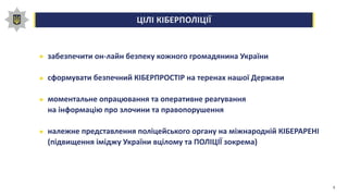 ЦІЛІ КІБЕРПОЛІЦІЇ0,00,20,40,60,81,0
забезпечити он-лайн безпеку кожного громадянина України
сформувати безпечний КІБЕРПРОСТІР на теренах нашої Держави
моментальне опрацювання та оперативне реагування
на інформацію про злочини та правопорушення
належне представлення поліцейського органу на міжнародній КІБЕРАРЕНІ
(підвищення іміджу України вцілому та ПОЛІЦІЇ зокрема)
5
 