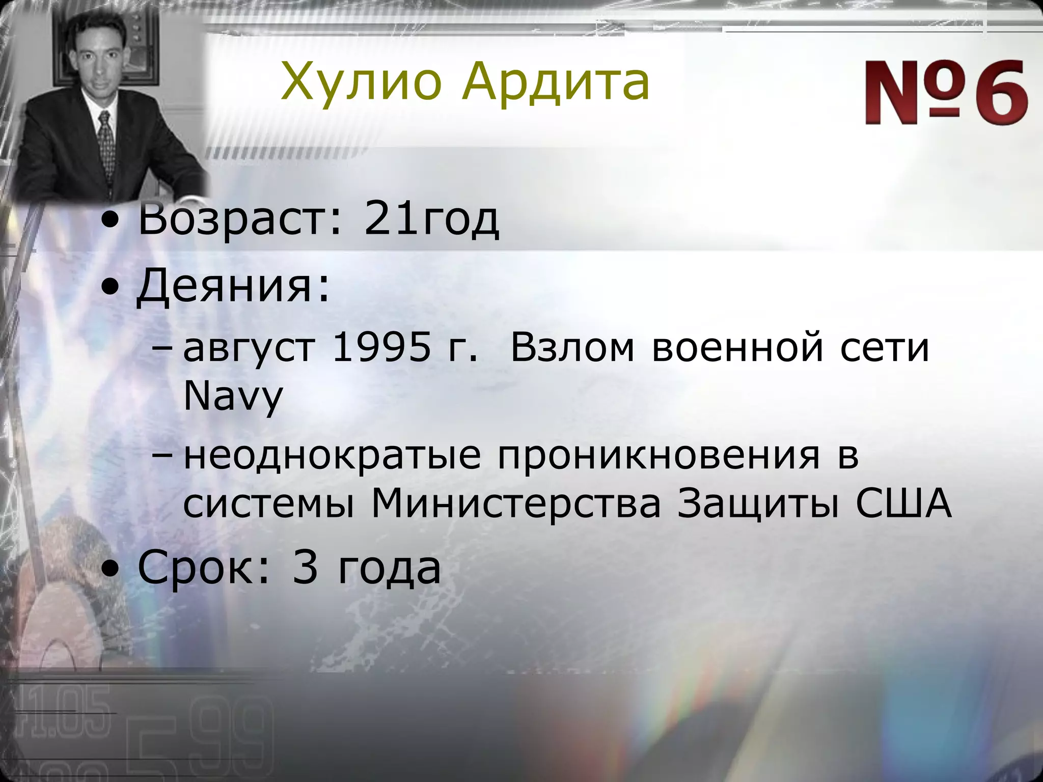 Хулио Ардита Возраст: 21год Деяния:  август 1995 г.  Взлом военной сети Navy неоднократые проникновения в системы Министерства Защиты США Срок: 3 года 