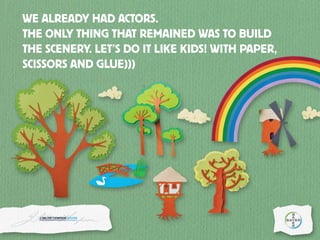 WE ALREADY HAD ACTORS.
THE ONLY THING THAT REMAINED WAS TO BUILD
THE SCENERY. LET’S DO IT LIKE KIDS! WITH PAPER,
SCISSORS AND GLUE)))
 