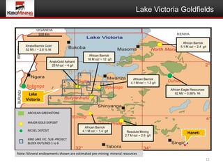 Lake Victoria Goldfields


              100 Km

                                                                                                               African Barrick
     Xtrata/Barrick Gold                                                                                     5.1 M oz/ ~ 2.4 g/t
     52 M t / ~ 2.6 % Ni
                                                   African Barrick
                                                  16 M oz/ ~ 12 g/t
                       AngloGold Ashanti
                        23 M oz/ ~ 4 g/t


                                           3
                                                                                  African Barrick
                                4                  2                            4.1 M oz/ ~ 1.3 g/t
                                                                                                      Dutwa
                                                             1
     Kabanga                                                     Nyanzaga
                                5                                                                      African Eagle Resources
      Lake                                                                                                 92 Mt/ ~ 0.88% Ni

     Victoria          6



      ARCHEAN GREENSTONE
                                     Buswagi
      MAJOR GOLD DEPOSIT
                                                 African Barrick
      NICKEL DEPOSIT                           4.1 M oz/ ~ 1.4 g/t           Resolute Mining                      Haneti
                                                                            2.7 M oz/ ~ 2.6 g/t
      KIBONickel Deposit -PROJECT
           LAKE VIC. SUB
      BLOCK OUTLINES 1 to 6


Note: Mineral endowments shown are estimated pre-mining mineral resources
                                                                                                                                 11
 
