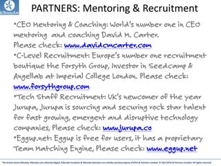 The brand names Kibunda, Kibunda.com, Kibunda Digital, Kibunda Incubator & Kibunda Education are wholly owned property of KPLS & Partners Limited. © 2012 KPLS & Partners Limited. All rights reserved
PARTNERS: Mentoring & Recruitment
•CEO Mentoring & Coaching: World’s number one in CEO
mentoring and coaching David M. Carter.
Please check: www.davidcmcarter.com
•C-Level Recruitment: Europe’s number one recruitment
boutique the Forsyth Group, Investor in Seedcamp &
Angellab at Imperial College London. Please check:
www.forsythgroup.com
•Tech Staff Recruitment: UK’s newcomer of the year
Jurupa, Jurupa is sourcing and securing rock star talent
for fast growing, emergent and disruptive technology
companies, Please check: www.jurupa.co
•Eggup.net: Eggup is free for users, it has a proprietary
Team Matching Engine, Please check: www.eggup.net
 