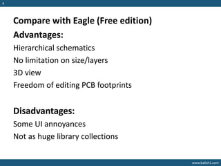 www.ba0sh1.com
4
Compare with Eagle (Free edition)
Advantages:
Hierarchical schematics
No limitation on size/layers
3D view
Freedom of editing PCB footprints
Disadvantages:
Some UI annoyances
Not as huge library collections
 