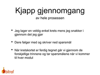 Kjapp gjennomgang
• Jeg lager en veldig enkel krets mens jeg snakker i
gjennom det jeg gjør
• Dere følger med og skriver ned spørsmål
• Når kretskortet er ferdig tegnet går vi gjennom de
forskjellige trinnene og tar spørsmålene når vi kommer
til hver modul
av hele prosessen
 