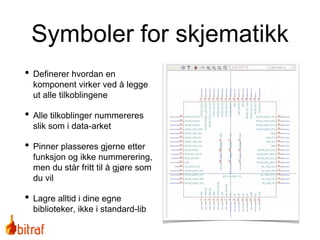 Symboler for skjematikk
• Definerer hvordan en
komponent virker ved å legge
ut alle tilkoblingene
• Alle tilkoblinger nummereres
slik som i data-arket
• Pinner plasseres gjerne etter
funksjon og ikke nummerering,
men du står fritt til å gjøre som
du vil
• Lagre alltid i dine egne
biblioteker, ikke i standard-lib
 