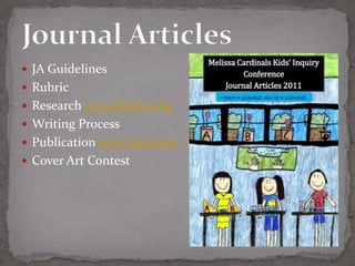  JA Guidelines
 Rubric
 Research www.bibme.org
 Writing Process
 Publication www.lulu.com
 Cover Art Contest
 