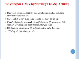 HOẠT ĐỘNG 3 : XÂY DỰNG THUẬT TOÁN( 15 PHÚT )


   Dựa vào ý tưởng của bài toán giáo viên hướng dẫn học sinh từng
    bước liệt kê các thao tác.
   GV tổng kết  xây dựng thuật toán từ các bước đã liệt kê
   Chuyển thuật toán sang cách biểu diễn bằng sơ đồ tương ứng. Giáo
    viên gợi ý và thực hiện các bước lặp, nhảy, so sánh.
   HS tham gia xây dựng sơ đồ khối với những bước đơn giản.
   GV tổng kết, học sinh ghi chép.
 