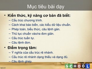 Mục tiêu bài dạy
• Kiến thức, kỹ năng cơ bản đã biết:
– Cấu trúc chương trình.
– Cách khai báo biến, các kiểu dữ liệu chuẩn.
– Phép toán, biểu thức, câu lệnh gán.
– Thủ tục chuẩn vào/ra đơn giản.
– Cấu trúc tuần tự.
– Câu lệnh đơn.
• Điểm trọng tâm:
– Ý nghĩa của cấu trúc rẽ nhánh.
– Cấu trúc rẽ nhánh dạng thiếu và dạng đủ.
– Câu lệnh ghép.
 