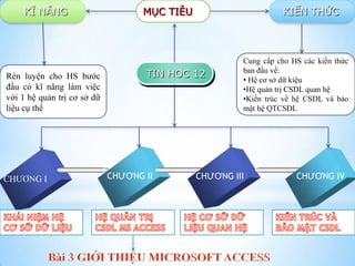 KĨ NĂNG                         MỤC TIÊU                      KIẾN THỨC



                                                        Cung cấp cho HS các kiến thức
                                                        ban đầu về:
Rèn luyện cho HS bƣớc               TIN HOC 12
                                                        • Hệ cơ sở dữ kiệu
đầu có kĩ năng làm việc                                 •Hệ quản trị CSDL quan hệ
với 1 hệ quản trị cơ sở dữ                              •Kiến trúc về hệ CSDL và bảo
liệu cụ thể                                             mật hệ QTCSDL




CHƢƠNG I                     CHƯƠNG II         CHƯƠNG III             CHƯƠNG IV
 