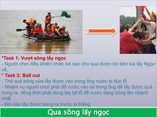 *Task 1: Vượt sông lấy ngọc
- Người chơi điều khiển chiếc bè sao cho qua được bờ bên kia lấy Ngọc
về.
* Task 2: Ball out
- Thả quả bóng vừa lấy được vào trong ống nước bị đục lỗ
- Nhiệm vụ người chơi phải đổ nước vào lại trong ống để lấy được quả
bóng ra, đồng thời phải dùng tay bịt lỗ để nước dâng bóng lên nhanh
nhất
- Đội nào lấy được bóng ra trước là thắng
 