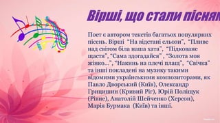 Вірші, що стали пісням
Поет є автором текстів багатьох популярних
пісень. Вірші “На відстані сльози”, “Пливе
над світом біла наша хата”, “Підковане
щастя”, “Сама здогадайся” , “Золота моя
жінко…”, “Накинь на плечі плащ”, “Свічка”
та інші покладені на музику такими
відомими українськими композиторами, як
Павло Дворський (Київ), Олександр
Грицишин (Кривий Ріг), Юрій Поліщук
(Рівне), Анатолій Шейченко (Херсон),
Марія Бурмака (Київ) та інші.
 