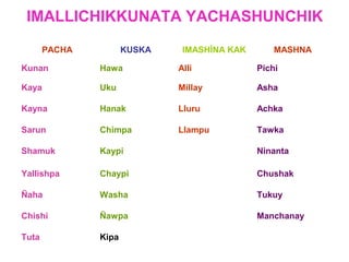 IMALLICHIKKUNATA YACHASHUNCHIK

       PACHA          KUSKA    IMASHÌNA KAK       MASHNA

Kunan          Hawa           Alli            Pichi

Kaya           Uku            Millay          Asha

Kayna          Hanak          Lluru           Achka

Sarun          Chimpa         Llampu          Tawka

Shamuk         Kaypi                          Ninanta

Yallishpa      Chaypi                         Chushak

Ñaha           Washa                          Tukuy

Chishi         Ñawpa                          Manchanay

Tuta           Kipa
 