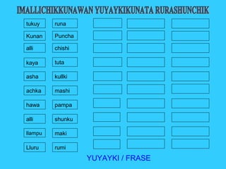 tukuy    runa

Kunan    Puncha

alli     chishi

kaya     tuta

asha     kullki

achka    mashi

hawa     pampa

alli     shunku

llampu   maki

Lluru    rumi
                  YUYAYKI / FRASE
 
