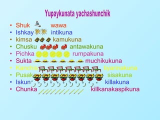 •   Shuk      wawa
•   Ishkay    intikuna
•   kimsa      kamukuna
•   Chusku           antawakuna
•   Pichka            rumpakuna
•   Sukta                 muchikukuna
•   Kanchis                      tiyarinakuna
•   Pusak                          sisakuna
•   Iskun                         killakuna
•   Chunka                 killkanakaspikuna
 