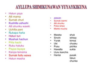 •   Hatun yaya
•   Alli mama           •   ARAWI
•   Sumak churi         •   Sumak warmi
•   Kushilla ushushi    •   Alli shunku
•   Alli shunku wawki   •   Puka wirpa
•                       •   Mishki mucha
    Uchilla pani
•   Ñukapa ñaña
                        •   Mawka           shuk
•   Hatun turi
                        •   Sinchi          ishkay
•   Mushuk hachun       •   Yurak           kimsa
•   Piña hachi          •   Uki             chusku
•   Ruku hatuku         •   Pusu            pichka
•   Paypa layaya        •   Hawalla         sukta
•   Kanpa lamama        •   Lluru kanchis
•   Sumak llullu wawa   •   Hantsi          pusak
•   Hatun masha                             Iskun
                                            chunka
 