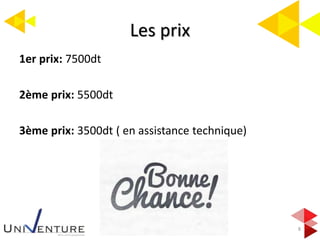 Les prix
8
1er prix: 7500dt
2ème prix: 5500dt
3ème prix: 3500dt ( en assistance technique)
 