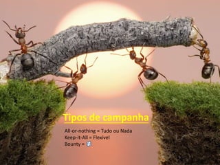 All-or-nothing = Tudo ou Nada
Keep-it-All = Flexível
Bounty =
Tipos de campanha
 